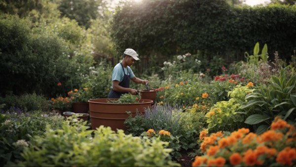 A gardener collects plant waste from their garden to compost using a compost starter.
