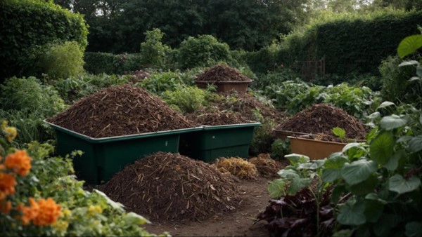 Piles of organic material in the middle of a lush garden awaiting composting with a compost starter.