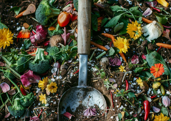 A garden shovel laying in a bed of composting ingredients to show what items can be composted.