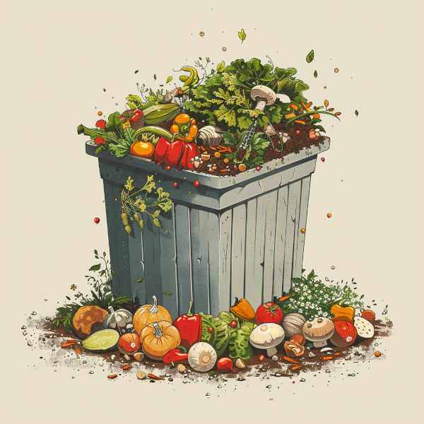 An illustrated image of a compost bin surrounded by garden vegetables to give an example of how composting works.