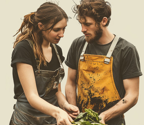 A young couple learns about the joys of garden compost together.