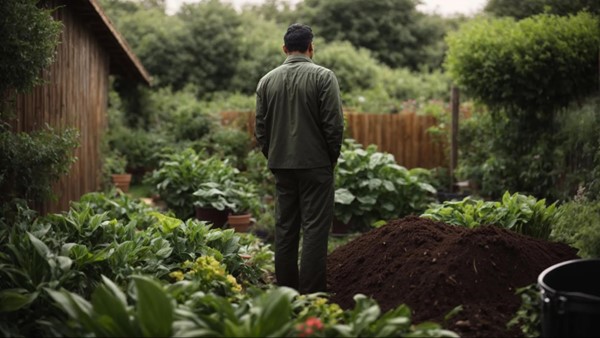 A man stands near a heap of rich compost and surveys his lush garden created by using a compost starter.